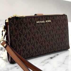 Michael Kors Large Jet Set Travel Double Zip Wallet Brown/Gold